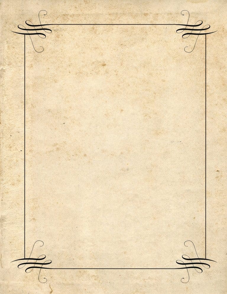 Aged beige parchment-style paper background with an ornate thin black decorative line border and flourish corners, soft warm tone, decorative mood.